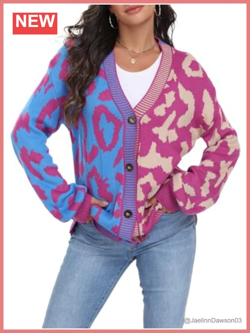 Leopard Print Color Block Cardigan V-Neck Open Front Button Down Sweater